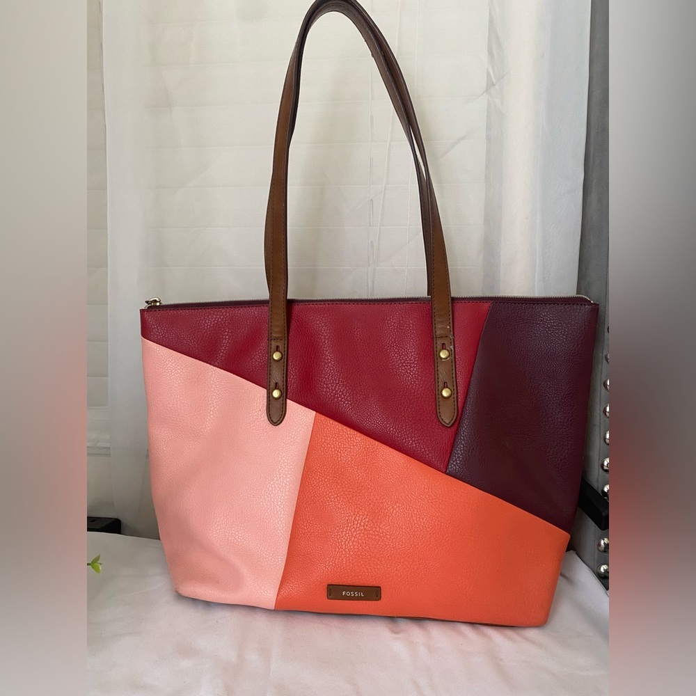 Fossil Women's Colorblock Leather Tote - Red, Pink, Orange